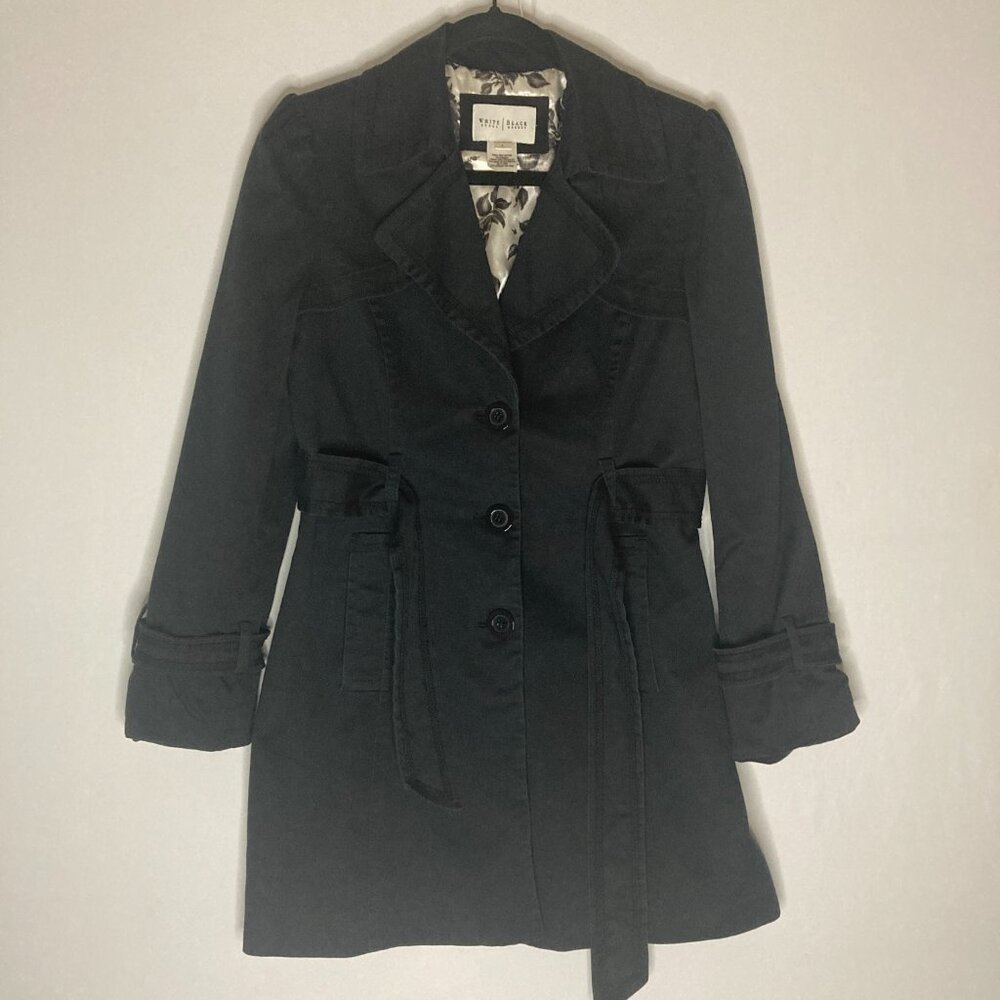 White House Black Market Women's Black Trench Coat Size Small Classic Jacket